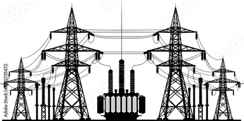 High voltage power transmission silhouette illustration with electric pylons, transformers, and overhead lines, industrial energy infrastructure design in black vector style