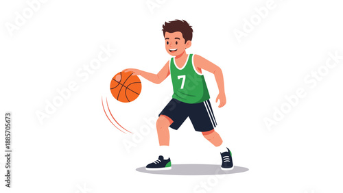 Skilled young boy in a green jersey dribbling an orange basketball with concentration and speed on a plain background.