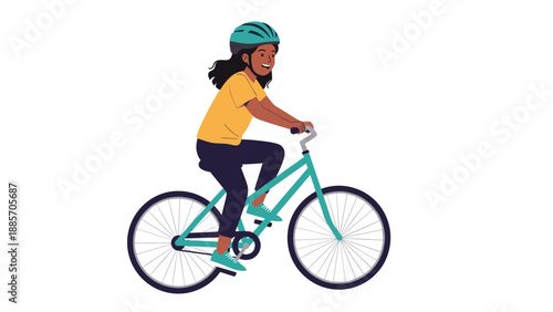 Happy young girl wearing a safety helmet and casual clothes while riding a blue bicycle against a clean white background.