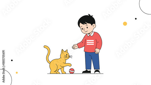 Gentle young boy reaching out to play with a cute yellow cat that is batting a small red ball on a simple background.