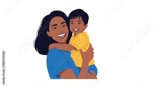 Happy mother holds her young son close while sharing a joyful moment together, celebrating the bond between parent and child.