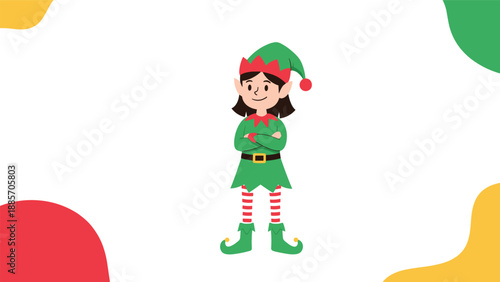 Small female elf in a green and red holiday costume stands confidently with arms crossed against a playful, colorful background.