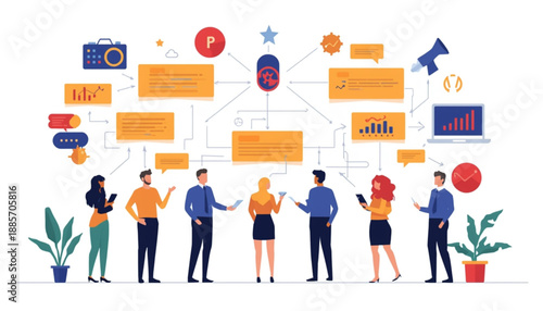 A group of business people standing in a line with various communication and social media icons floating above them in a network