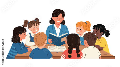 Dedicated teacher reads an interesting storybook to a group of attentive children sitting together at a wooden table in a classroom setting.