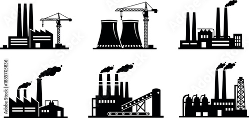 Industrial factory and power plant silhouette icon set featuring chimneys cranes and production facilities isolated on white background industry illustration