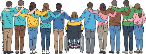 Inclusive group of friends standing together with arms around shoulders including wheelchair user representing unity diversity friendship support and social inclusion concept