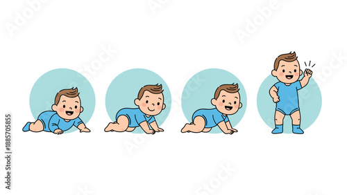 Sequence of a happy baby boy demonstrating developmental milestones from crawling on the floor to successfully standing up on his own.