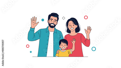 Happy family consisting of a mother, father, and young son waves cheerfully towards the viewer in a gesture of friendly greeting.