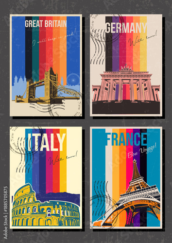 Great Britain Tower Bridge, Germany The Brandenburg Gate, France Eiffel Tower, Italy Colosseum Main Attractions Postcards, Vector Templates Retro Style Greeting Card Set, 1970s - 1980s Vintage Color S