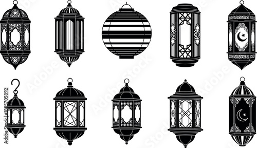 Islamic lantern silhouette illustration set featuring traditional Ramadan fanous designs, ornate hanging lamps, crescent moon motifs, and decorative Middle Eastern lighting elements