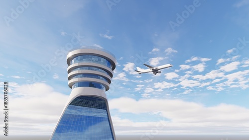 Airport control tower and departing passenger plane. Airline transportation idea concept. Travel by plane, vacation. Aviation. Aircraft flying in blue sky. Airport traffic control tower