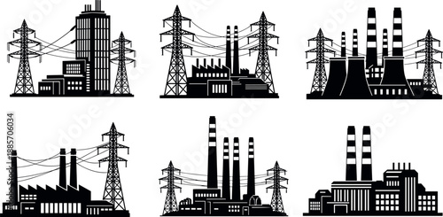Industrial power plant and factory silhouette collection with electricity transmission towers, urban infrastructure, energy production facilities isolated on white background
