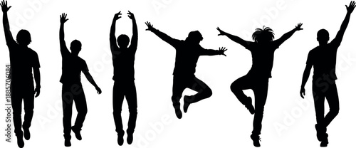 Jumping people silhouettes set expressing joy freedom and energy, active male figures leaping with raised arms isolated on white background illustration vector