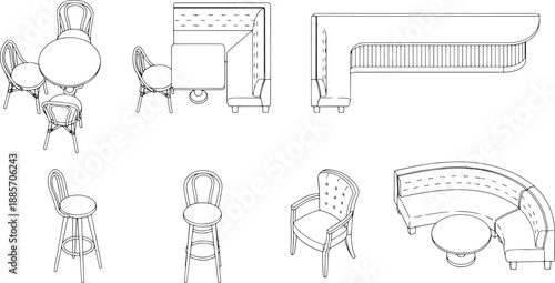 A detailed illustration showcases an array of elegant chairs and tables, each with a unique design and style. Perfect for designers.