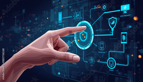 A hand interacting with a futuristic digital interface with various icons and symbols on a dark background with blue lines and lights