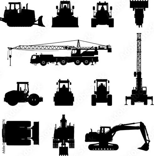 Comprehensive Construction and Heavy Machinery Silhouettes Vector Set - Bulldozer, Excavator, Mobile Crane, and Road Roller Icons for Engineering and Industrial Design Projects