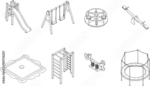A detailed isometric perspective of an outdoor playground, with a diverse range of recreational elements, fostering play and exercise for kids.
