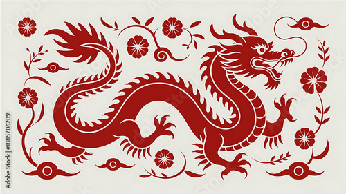 Elegant red Chinese dragon artwork with detailed scales and floral motifs on a pale background, representing strength and tradition.