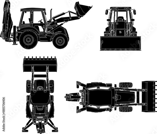 Detailed Vector Blueprint of Construction Backhoe Loader - Silhouette Set Showing Multiple Orthographic Views (Side, Front, Top) for Heavy Equipment and Engineering Projects.