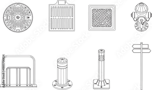 Illustrative of infrastructure elements: the scene features an array of urban fixtures like utility covers, fire hydrants, bike racks, and bollards, rendered in clean line art.