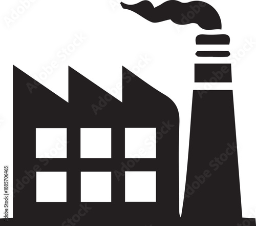 Industrial factory building icon with smokestack emitting smoke illustrating production