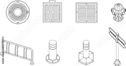 Collection of illustrations showcases essential elements of urban infrastructure, including a detailed manhole cover, various grates, and bollards. Designed for urban planning.