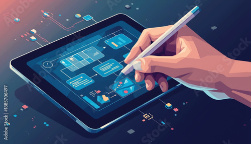 A hand holding a stylus interacting with a tablet screen displaying various app icons and graphs on a dark background with colorful elements