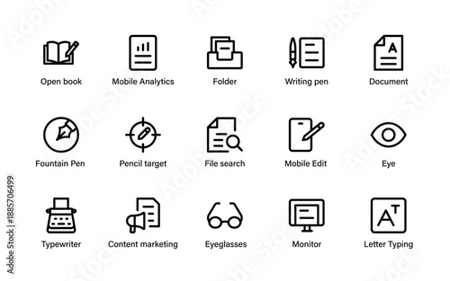 Writing and creative thinking icons. Visual tools for authors editors content planners and professional documentation workflows