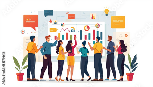 Diverse group of people standing in front of a colorful graph and chart display on a whiteboard with speech bubbles and plants around them