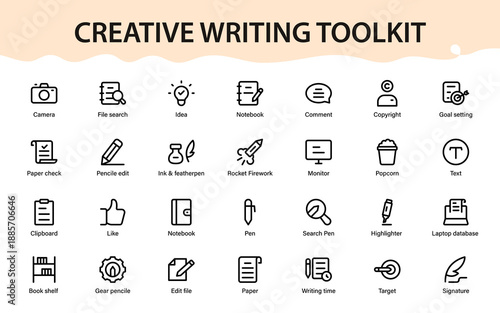 Creative Writing Productivity Icons for Editing, Research and Publishing with Goals, Files, Search, Devices and Office Tools
