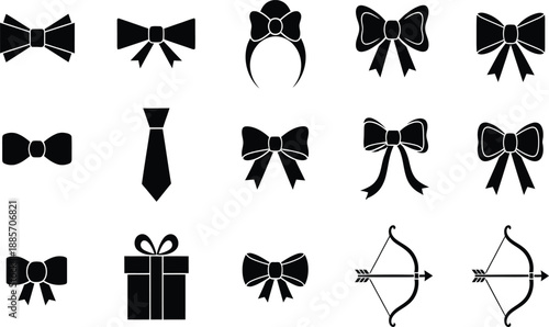 Black silhouette icons of bows ties and gift boxes with bow and arrow for valentines day celebration and decorative elements