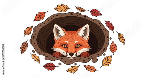 This delightful illustration captures a cute fox with bright orange fur peeking out from a cozy underground burrow, surrounded by colorful autumn leaves.