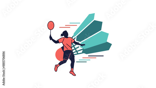 Badminton Player Hitting Shuttlecock with Dynamic Lines and Abstract Shuttlecock Shape, Vector Illustration for Sports and Fitness Graphics