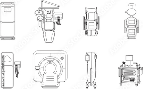 Illustrative representation of diverse medical devices and equipment, rendered in a detailed line art style, showcasing the essential tools of healthcare and treatment.