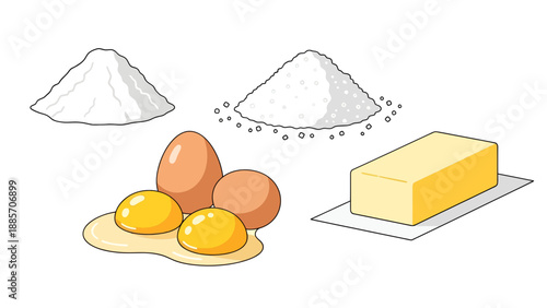 Baking Ingredients Flat Lay: Flour, Sugar, Eggs, Butter - Vector Illustration for Culinary Concepts and Recipes