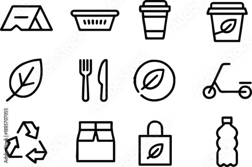 sustainability line icons for takeout packaging and recycling