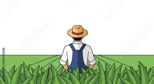 This image captures a farmer in a straw hat and overalls standing with his back to the viewer, overlooking a vast, lush green field of crops.