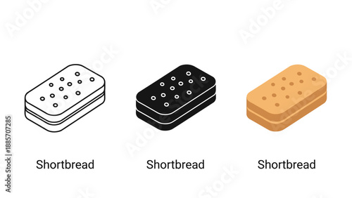 Three shortbread cookies in different illustration styles on white background with simple labeling