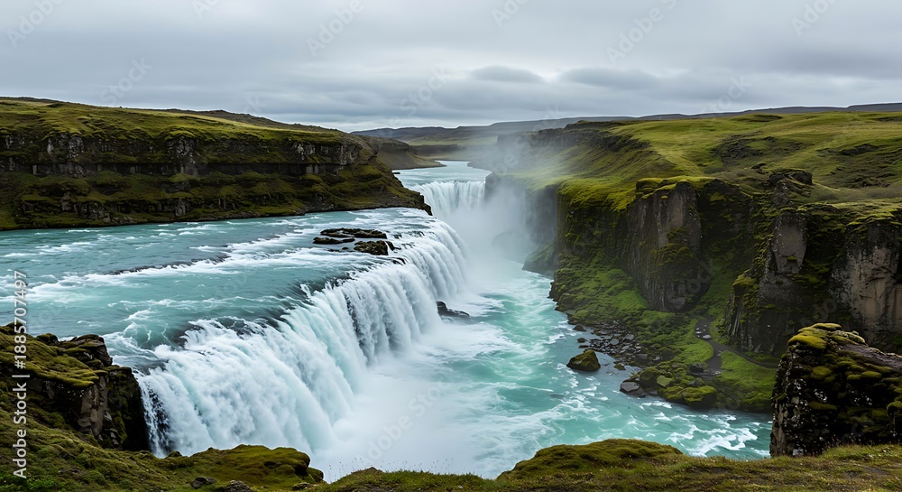 Fototapeta premium Large waterfall cascading down rocky cliff into blue river surrounded by green mossy hills rocks