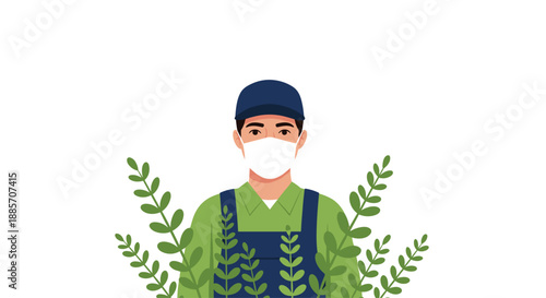 This illustration features a male gardener or farm worker wearing a blue cap and a protective face mask, surrounded by lush green plants.