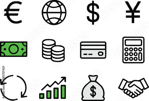 finance icon set payment transaction growth chart money bag