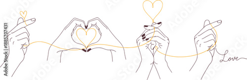 Line art of hands making heart shapes with yellow string for valentines day wedding engagement and romantic minimalist love illustration