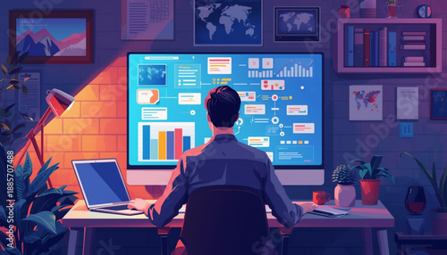 Man sitting at desk working on computer with large monitor and laptop in a modern home office environment with various charts and graphs on screen