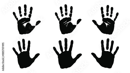 Six black handprints arranged in two rows a striking silhouette