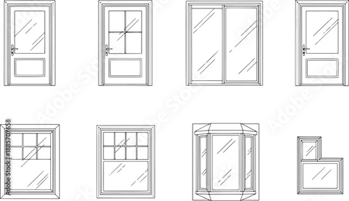 A collection of architectural elements are elegantly displayed including a variety of door and window styles, perfect for design and construction projects.