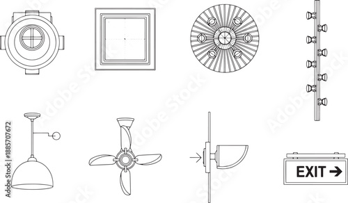A diverse collection of various ceiling light fixtures, each unique in design, is displayed against a backdrop of architectural elements. Featuring a detailed array.