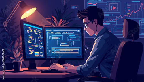 Man sitting at desk with two computer monitors in a dark room with a lamp and plants around him working late at night on coding projects