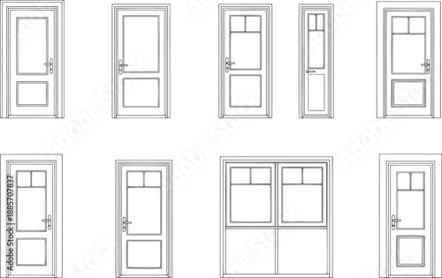 A variety of doors in various styles and a window are depicted with clean lines and a sense of architectural harmony. Offering a clear and visually appealing design.