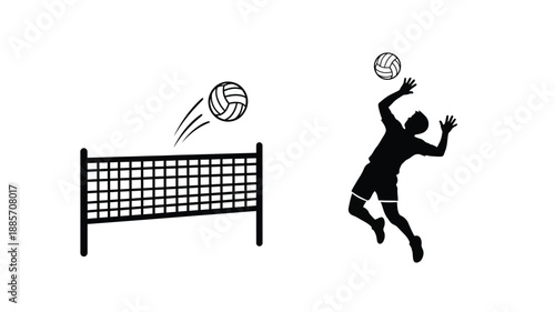 Volleyball player jumping to spike the ball over the net silhouette