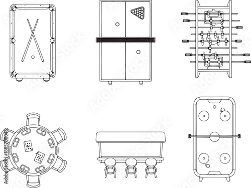 A comprehensive collection of recreational gaming equipment arranged in a precise top-down view.